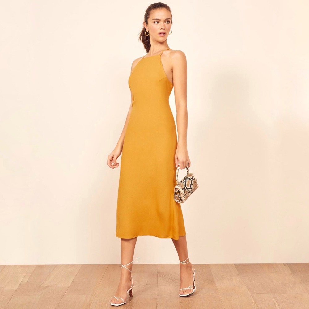 Reformation | Roman Midi Dress Yellow Halter Cross Back Size 8 *altered*